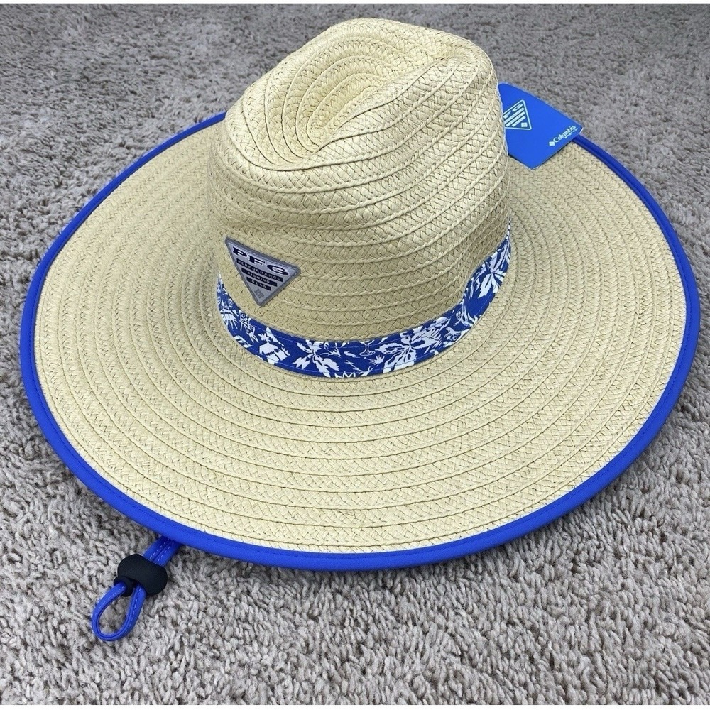 Columbia PFG Hat BAHA Straw Tropical Floral Tan Blue Men L/XL Beach Fishing NWT